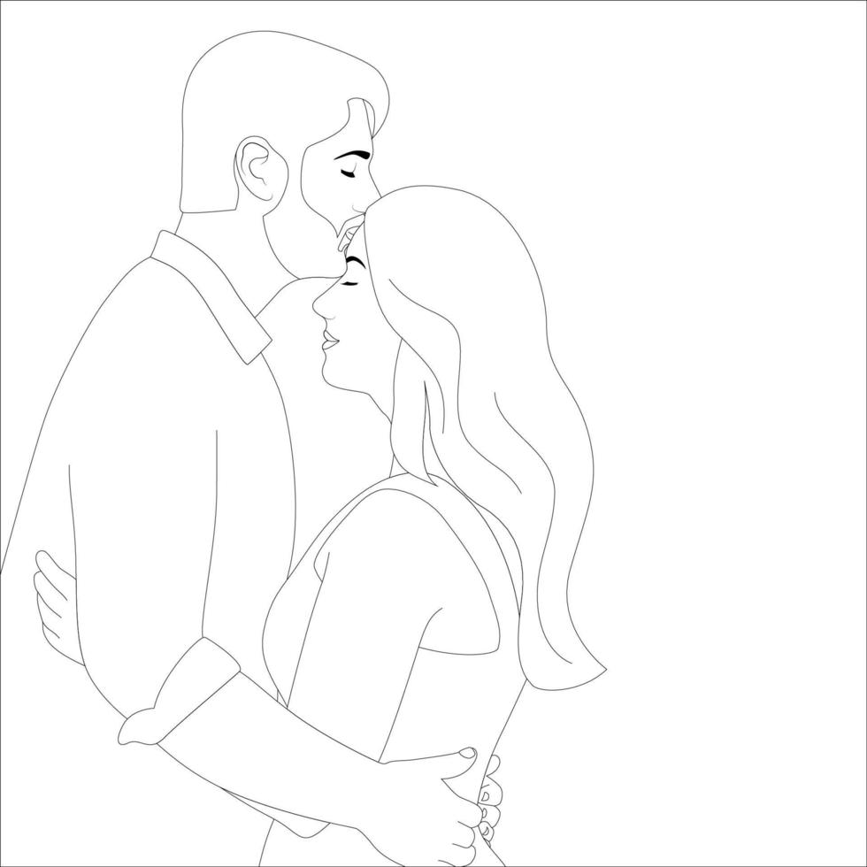 les hommes s'embrassent sur le front de la fille, illustration de contour de personnage de couple sur fond blanc, illustration vectorielle pour les projets de la saint-valentin. vecteur