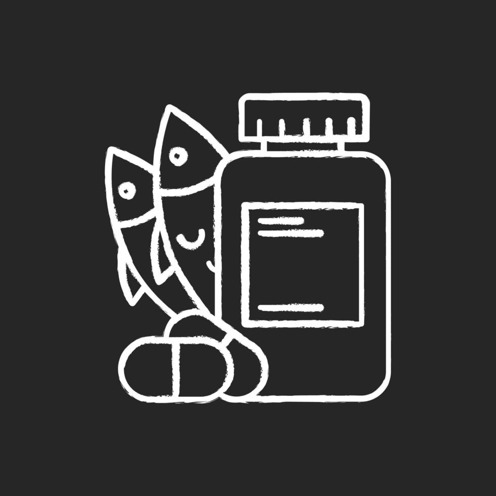 icône de craie d'apport en vitamines. approvisionnement en huile de poisson. supplément d'oméga-3. médicaments et pilules. complexe multivitaminé. apport diététique. soins de santé et nutrition. pharmacie. illustration de tableau vectoriel isolé