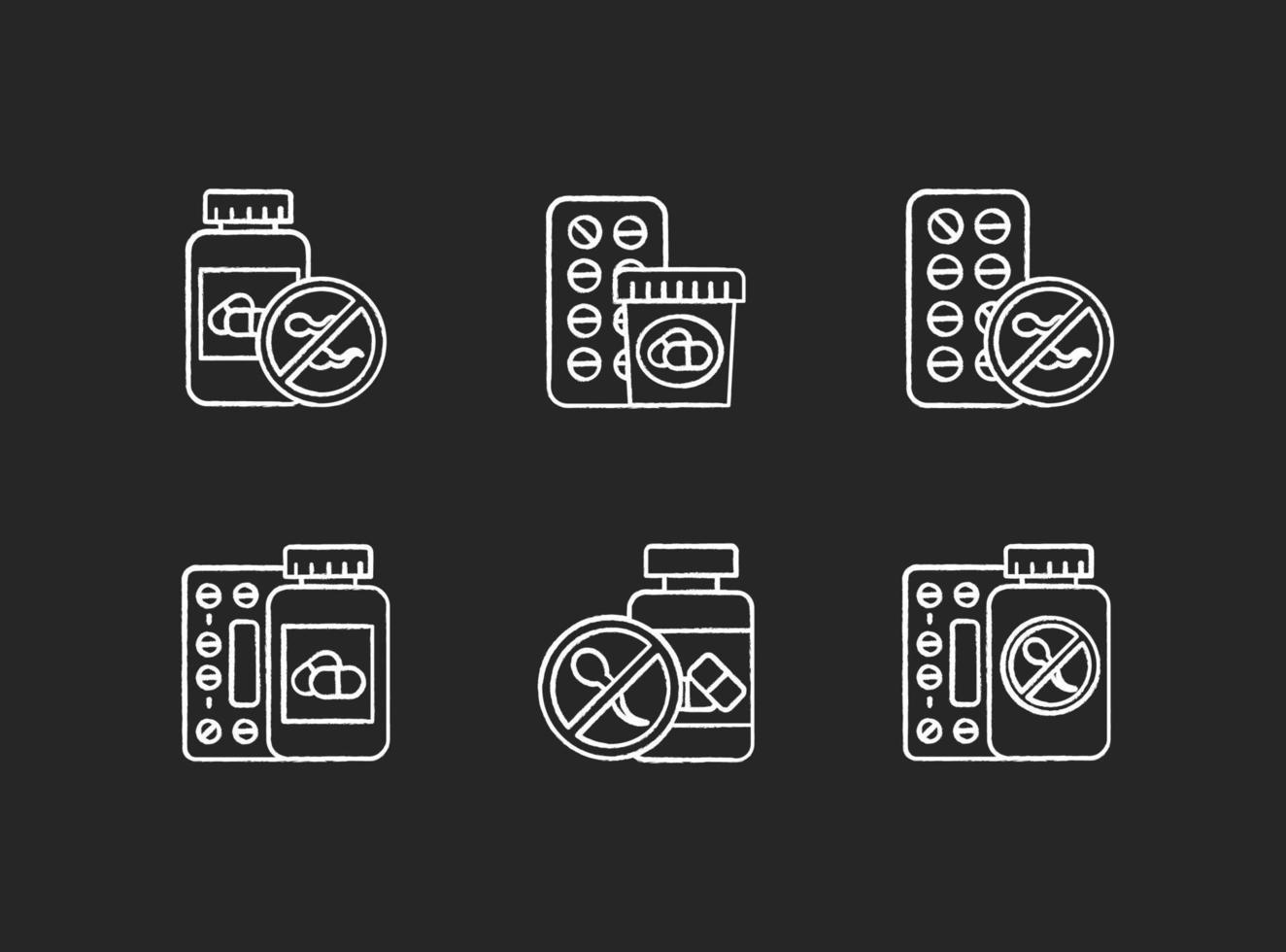 ensemble d'icônes de craie de contrôle des naissances. médicaments, pilules. prévention des grossesses non désirées. contraceptif oral. aide pharmaceutique. prescription de syndrome prémenstruel. illustrations de tableau de vecteur isolé