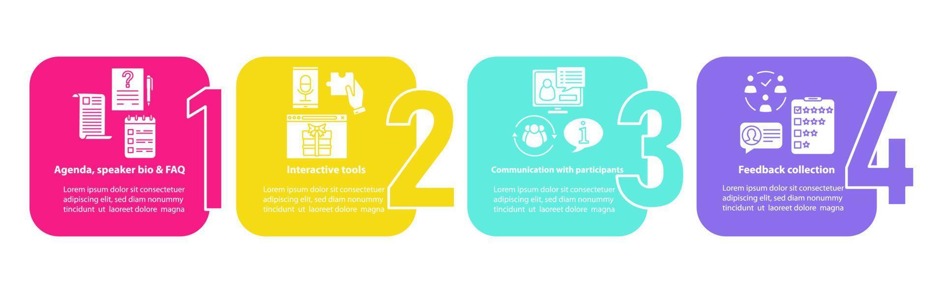 modèle d'infographie vectorielle d'application d'événement. outils interactifs, communication avec les participants. visualisation des données avec quatre étapes et options. chronologie du processus. disposition du flux de travail avec des icônes linéaires vecteur