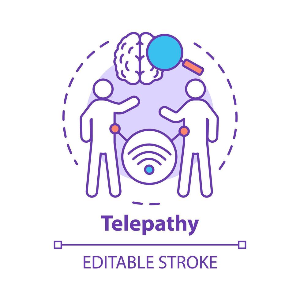 icône de concept de télépathie. lecture de l'esprit, illustration de la ligne mince de l'idée de transfert de pensée. capacités psychiques. cerveau avec loupe et dessin de contour isolé vectoriel de personnes. trait modifiable