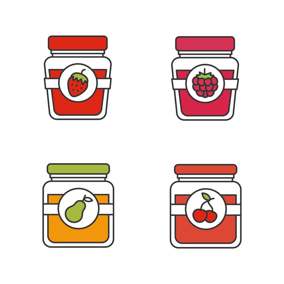 jeu d'icônes de couleur de conserves de fruits. pots de confiture de poire, cerise, framboise et fraise. illustrations vectorielles isolées vecteur