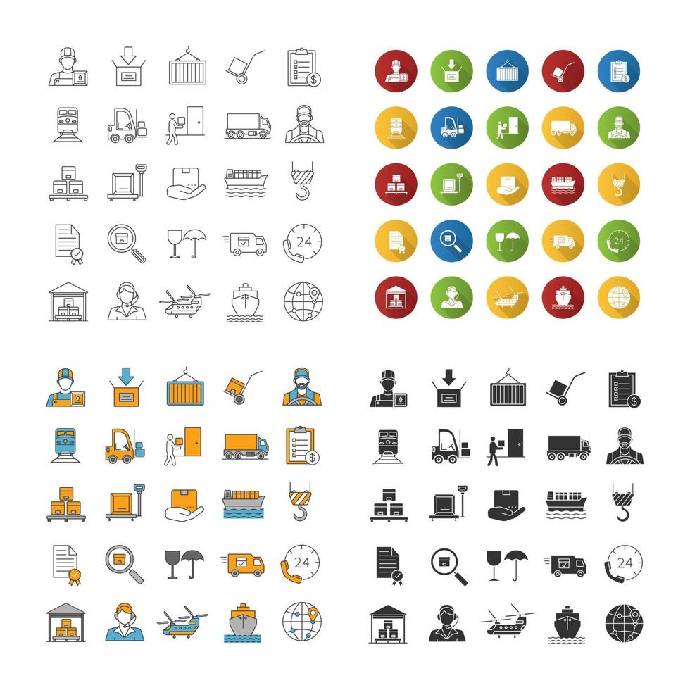 ensemble d'icônes d'expédition de fret. service de livraison. transport terrestre, aérien et maritime. design linéaire, plat, styles de couleur et de glyphe. illustrations vectorielles isolées vecteur