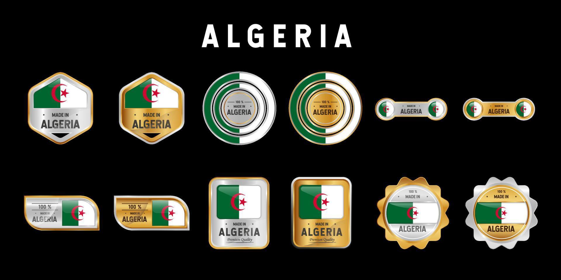 fabriqué en algérie étiquette, timbre, badge ou logo. avec le drapeau national de l'Algérie. sur les couleurs platine, or et argent. emblème premium et luxe vecteur