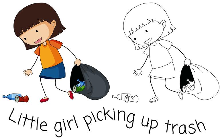 Doodle bonne fille ramasser les ordures vecteur