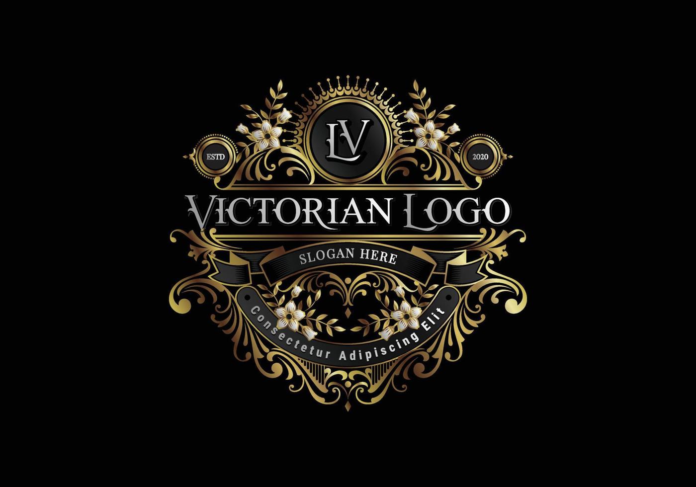 modèle de logo victorien élégance noir et or avec ornement de fleurs et de feuilles vecteur