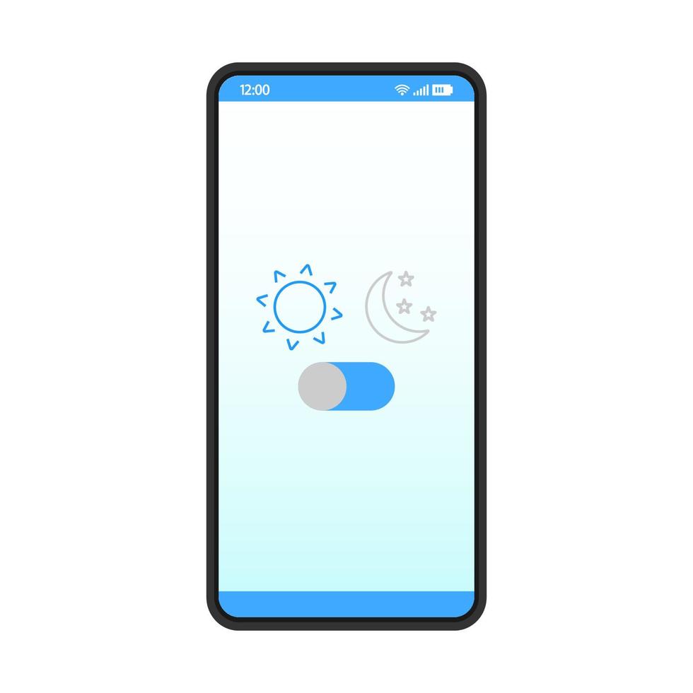 modèle de vecteur d'interface de smartphone en mode nuit. mise en page de conception de page d'application mobile. le mode veille s'allume, éteint l'écran. bouton de basculement du filtre de lumière. application d'interface utilisateur plate. paramètres de luminosité de l'écran du téléphone