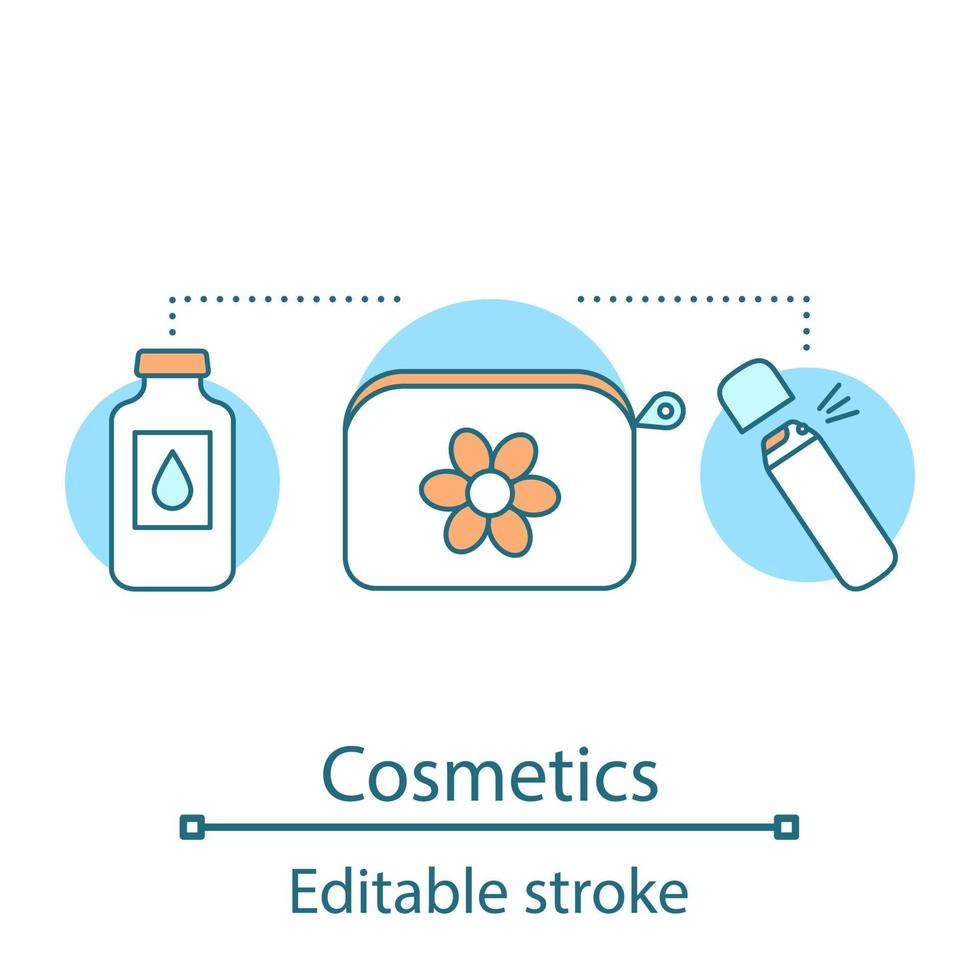 icône de concept de cosmétiques. idée de produits de maquillage illustration fine ligne. sac cosmétique avec produits de soin du visage. soin de la peau. dessin de contour isolé de vecteur. trait modifiable vecteur