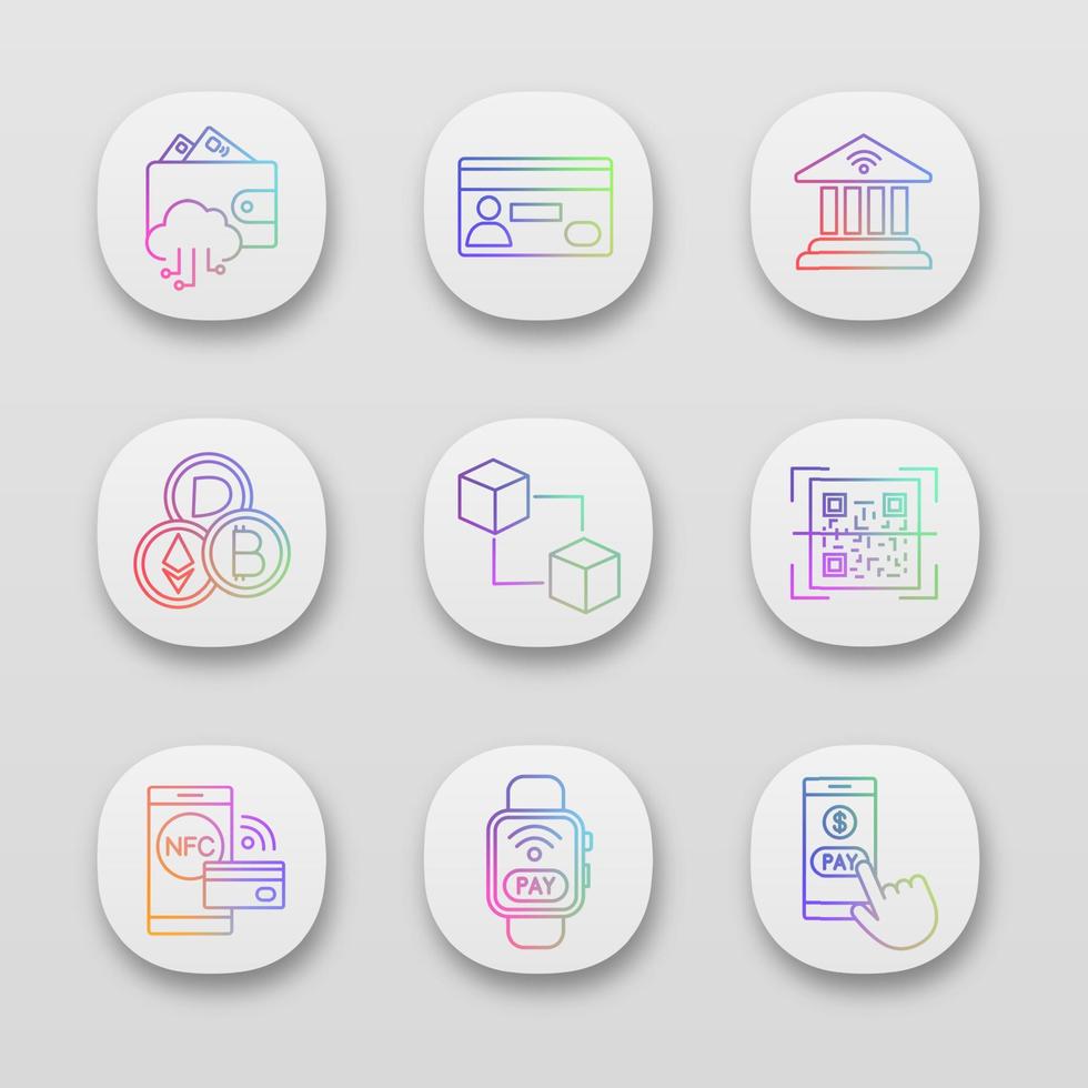 ensemble d'icônes d'application de paiement électronique. monnaie électronique. paiements sans espèces et sans contact. achat numérique. services bancaires en ligne. interface utilisateur ui ux. applications web ou mobiles. illustrations vectorielles isolées vecteur