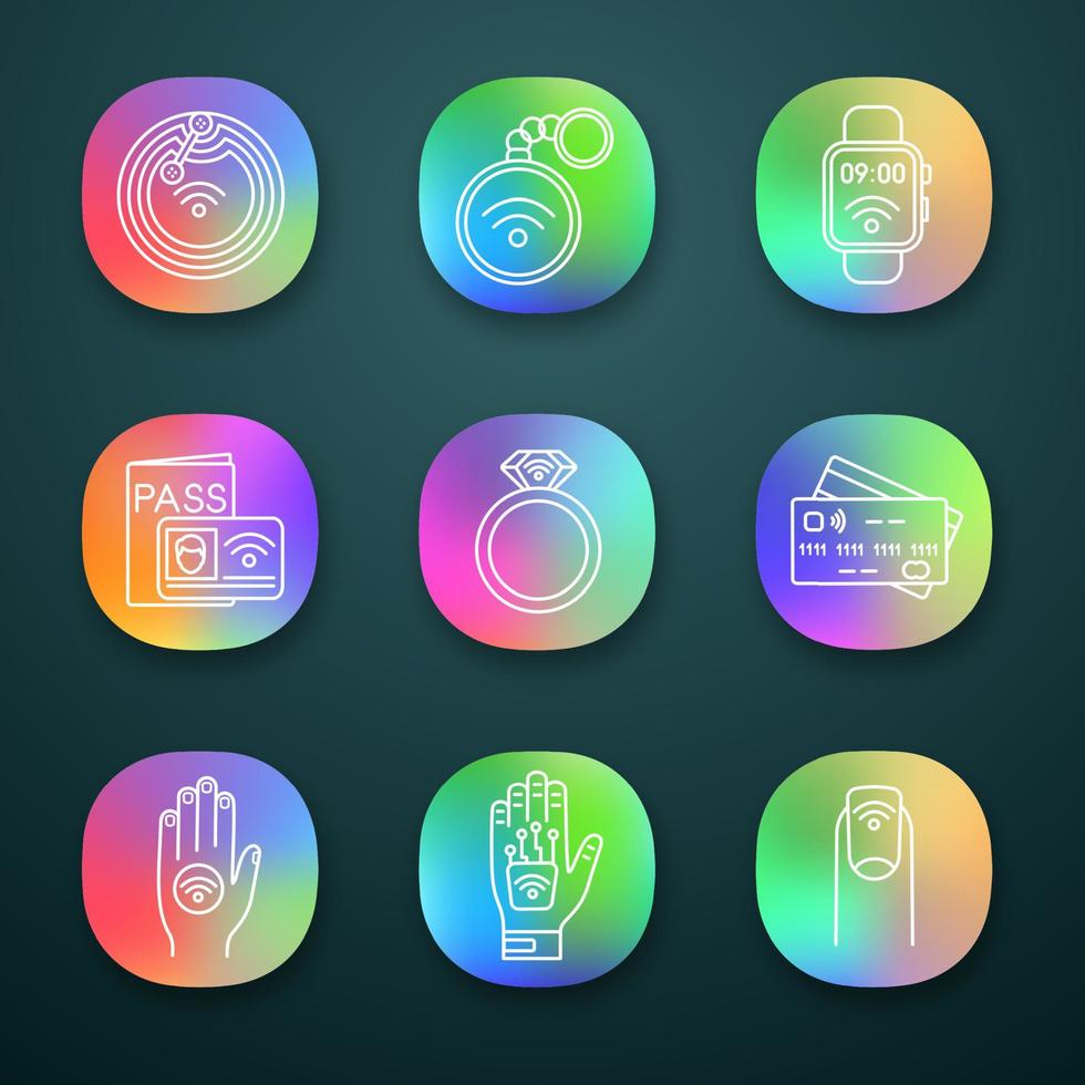 ensemble d'icônes d'application de technologie nfc. puce de champ proche, bibelot, smartwatch, système d'identification, bague, carte de crédit, autocollant, implant de main, manucure. interface utilisateur ui ux. illustrations vectorielles isolées vecteur