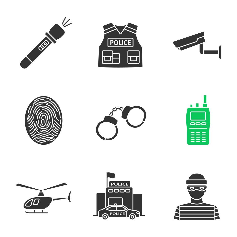 ensemble d'icônes de glyphe de police. lampe de poche, gilet pare-balles, caméra de surveillance, empreinte digitale, menottes, talkie-walkie, hélicoptère, commissariat, braqueur. symboles de silhouettes. illustration vectorielle isolée vecteur