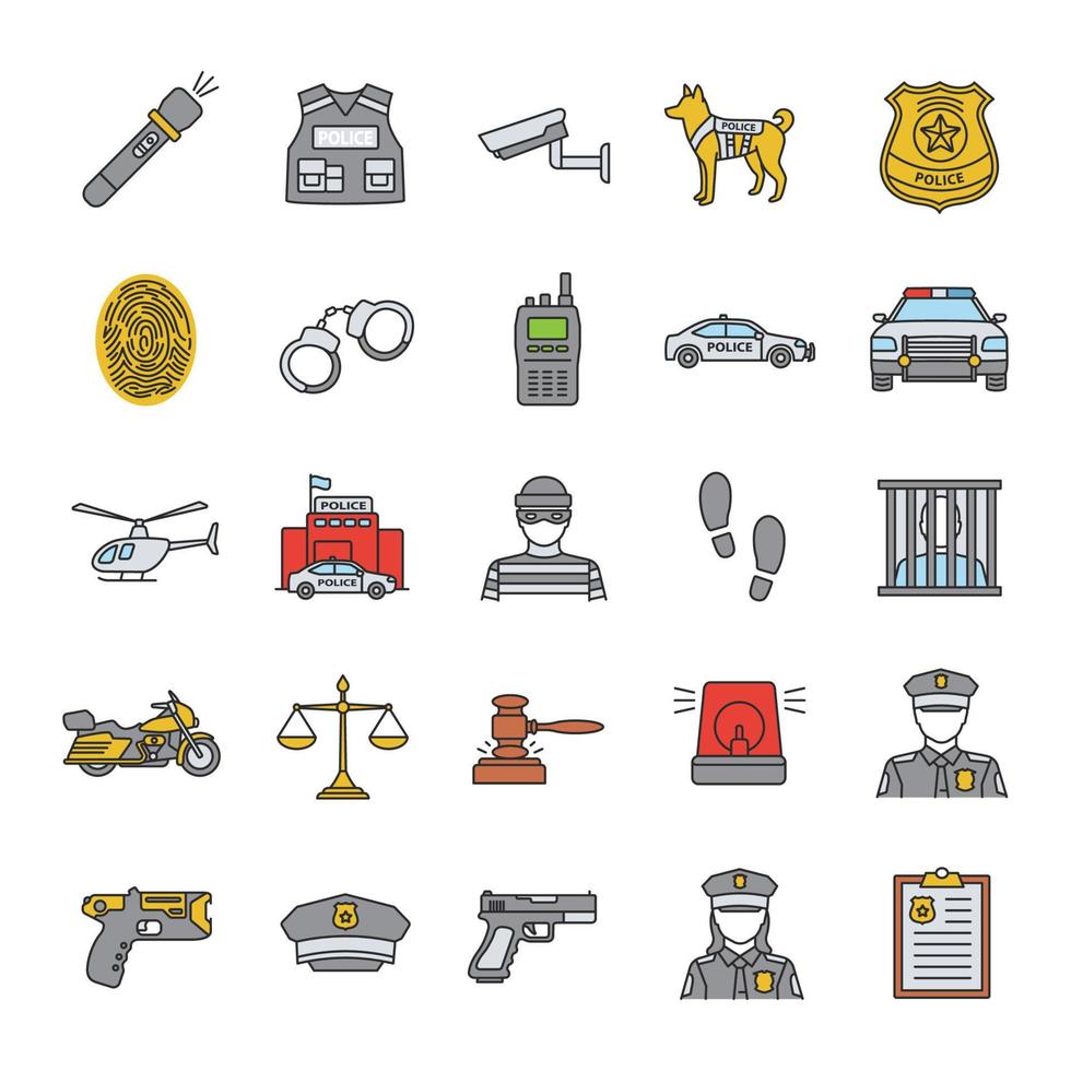 ensemble d'icônes de couleur de police. forces de l'ordre. transport, équipement de protection, arme. illustrations vectorielles isolées vecteur