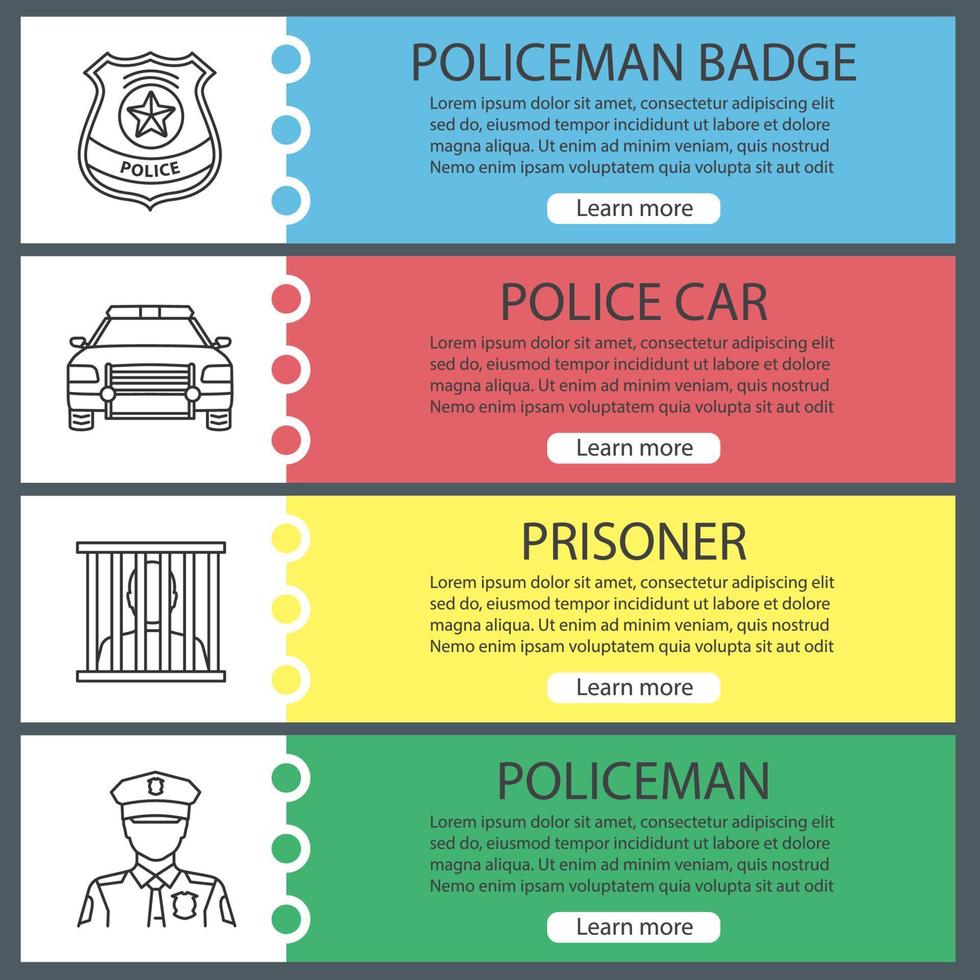 ensemble de modèles de bannière web de police. policier, insigne, voiture, prisonnier. éléments de menu couleur du site Web avec des icônes linéaires. concepts de conception d'en-têtes vectoriels vecteur