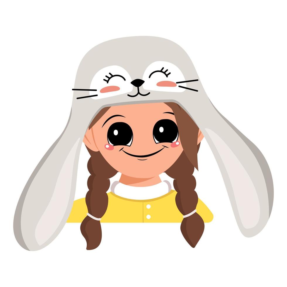 avatar de fille avec de grands yeux et un large sourire heureux dans un joli chapeau de lapin avec de longues oreilles. tête d'enfant au visage joyeux pour les vacances de pâques, le nouvel an ou le costume de carnaval pour la fête. illustration vectorielle plate vecteur