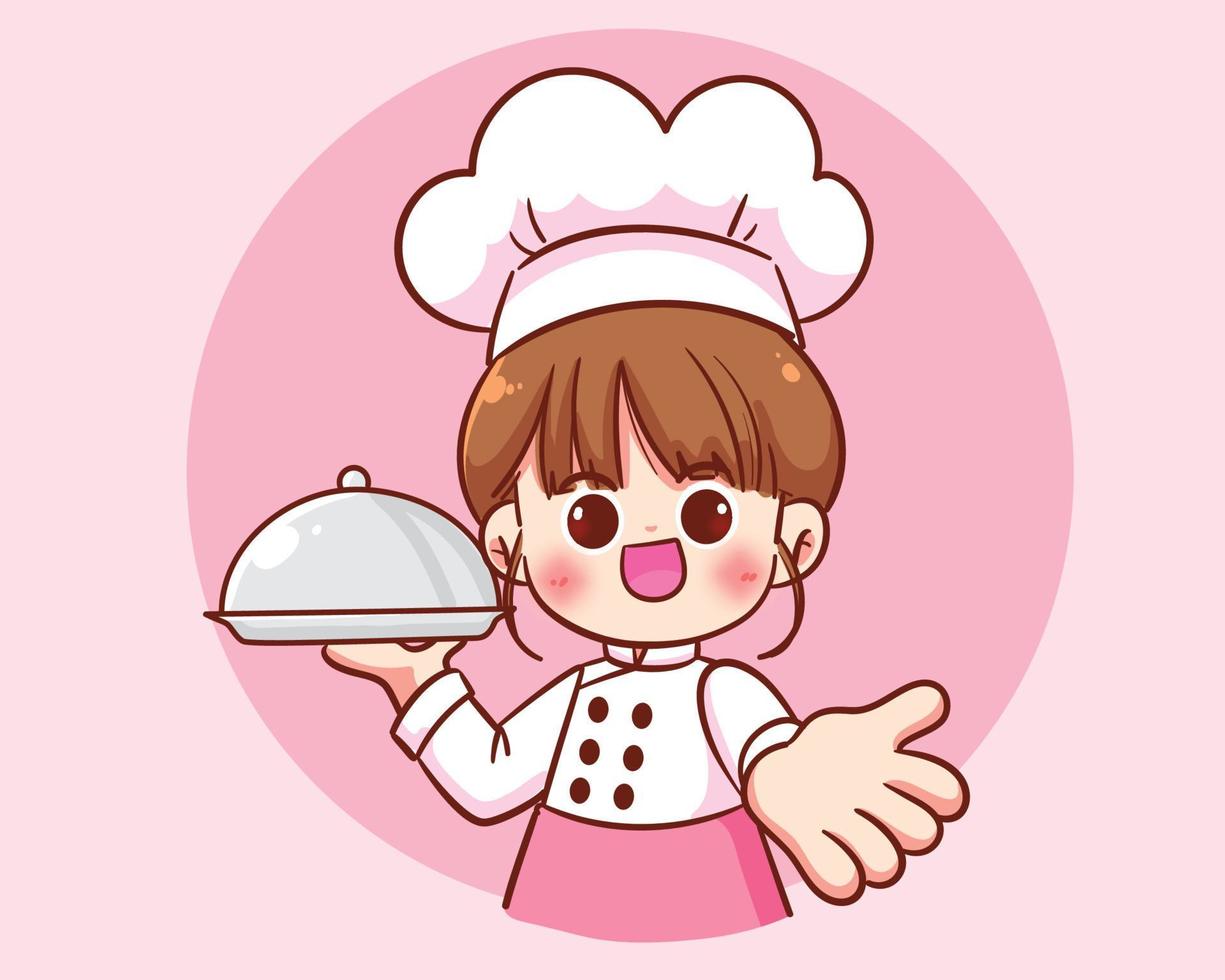 mignon femme chef tenant cloche plateau alimentaire logo dessiné à la main dessin animé art illustration vecteur