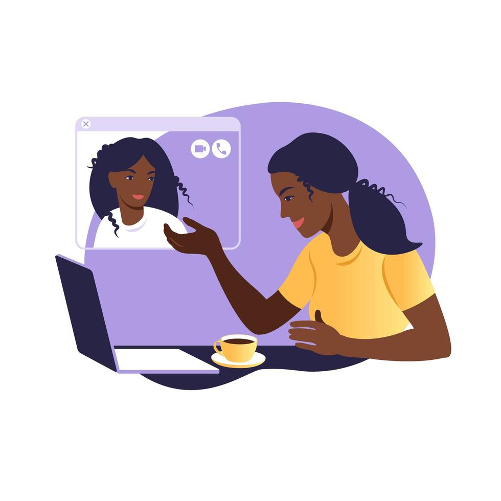 des amies africaines discutent en ligne. fille assise sur une chaise devant un ordinateur portable et parle avec un ami. vidéoconférence, concept de chat en ligne. travail ou réunion en ligne à domicile. illustration vectorielle. vecteur