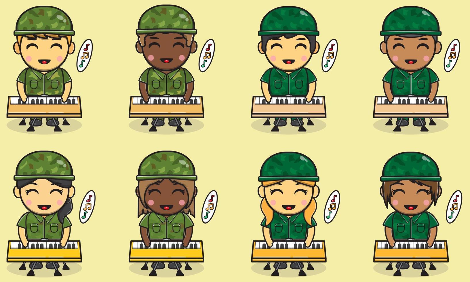 dessin animé d'illustration vectorielle de soldat mignon jouant du clavier. vecteur