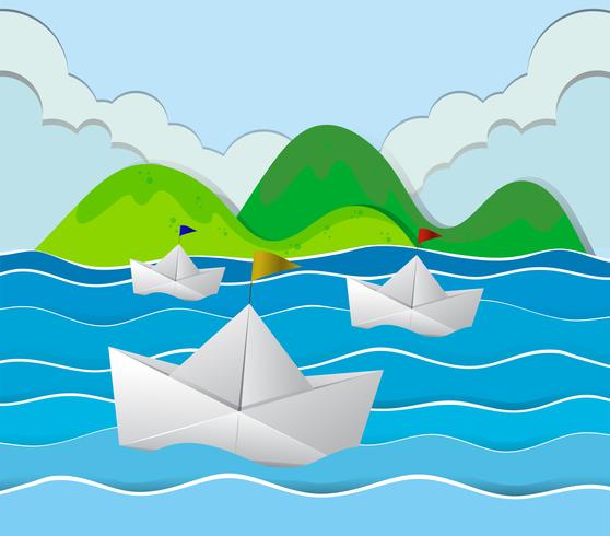 Trois bateaux en papier flottant dans l&#39;océan vecteur