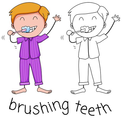 Doodle garçon se brosser les dents vecteur
