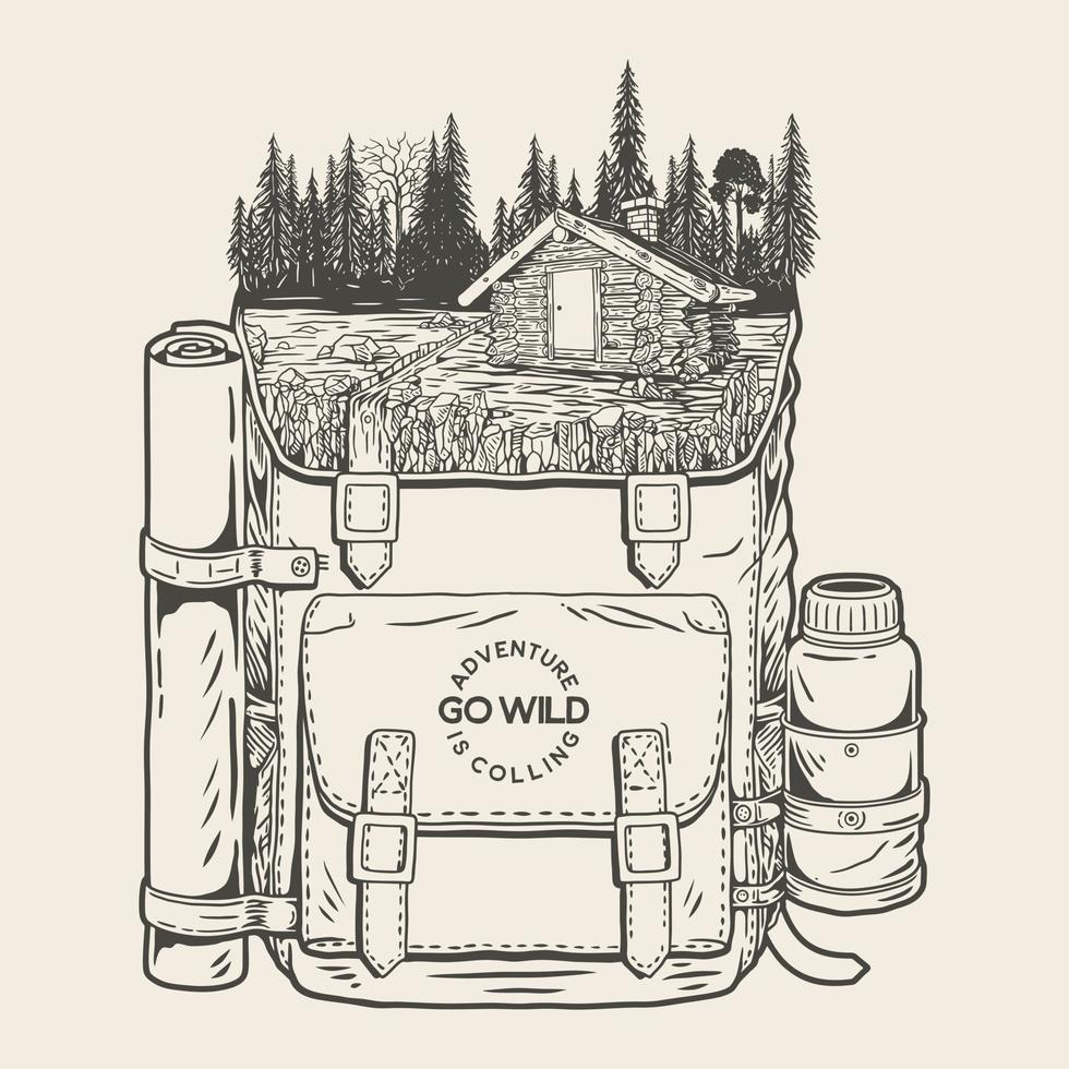 sac à dos contenant la vue d'une maison dans la forêt vecteur premium
