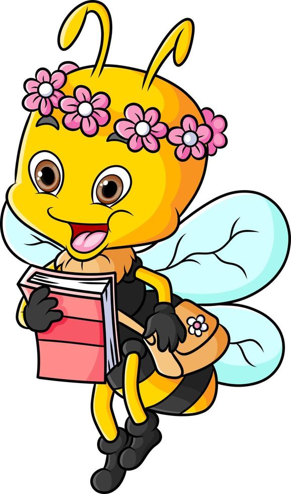 l'abeille femelle tient un livre et un sac de transport vecteur