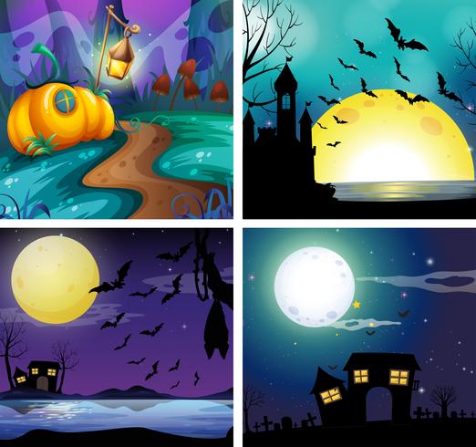 Quatre scènes de nuit avec la pleine lune vecteur