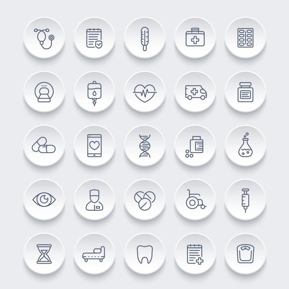 médecine, ensemble d'icônes de ligne de soins de santé, assurance maladie, pilules, irm, ambulance, sac iv, fauteuil roulant, seringue vecteur