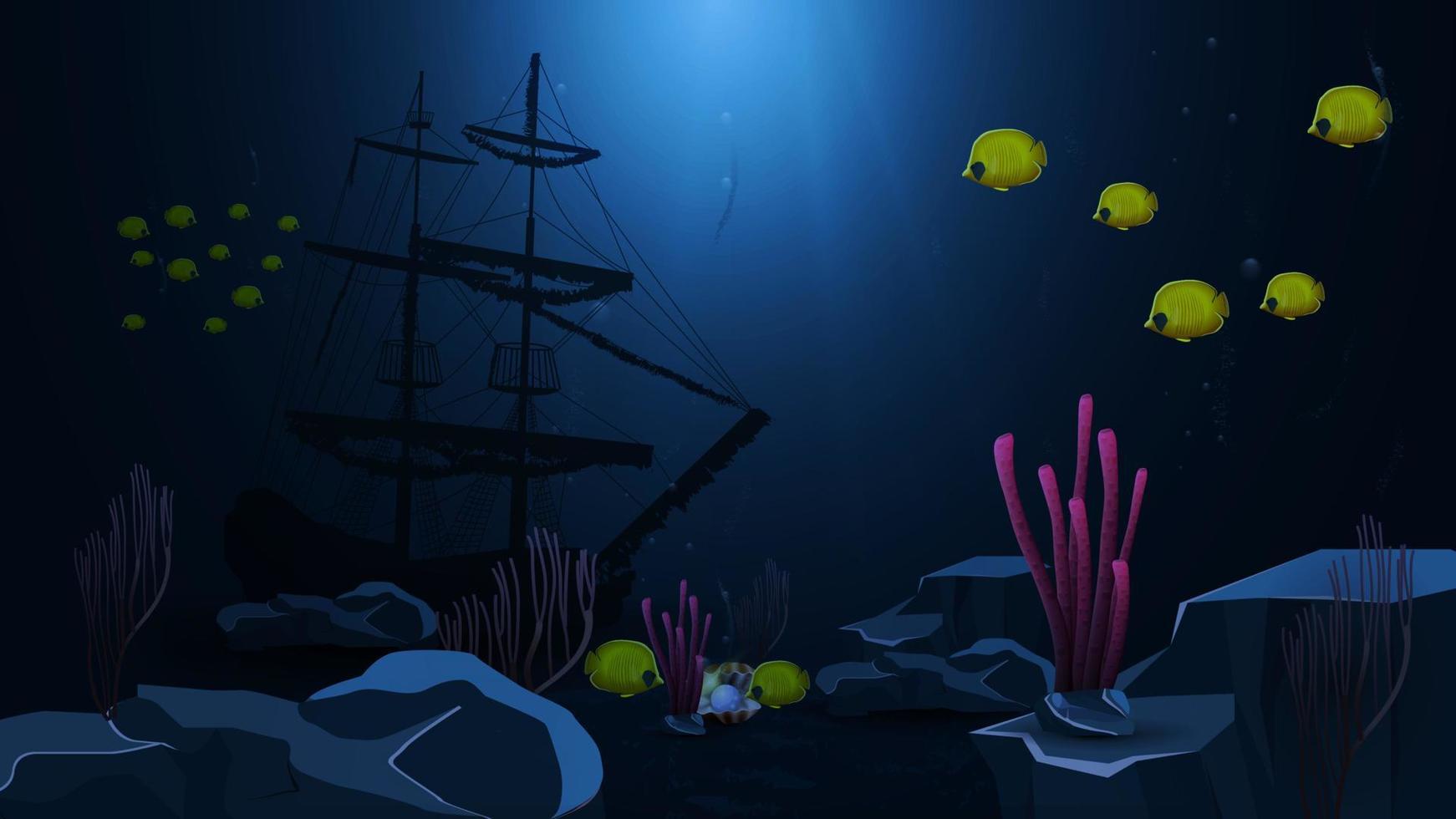 monde sous-marin, illustration vectorielle avec poisson jaune, récifs et navire coulé vecteur