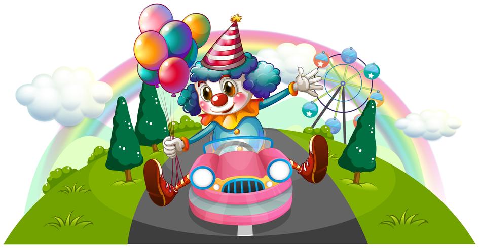 Un clown à cheval dans une voiture rose avec des ballons vecteur