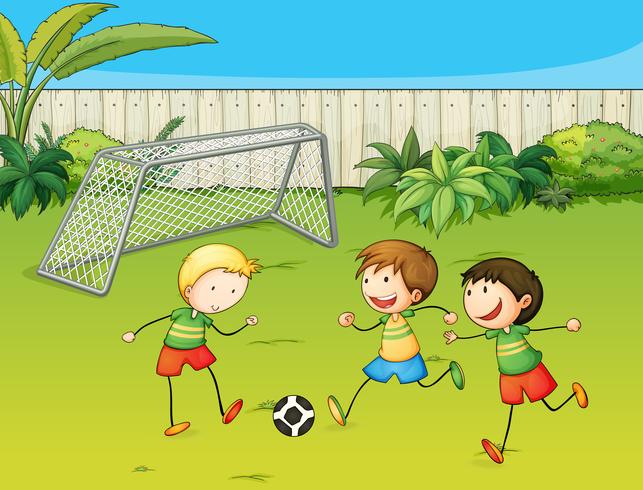 Enfants jouant au football sur un terrain de football vecteur