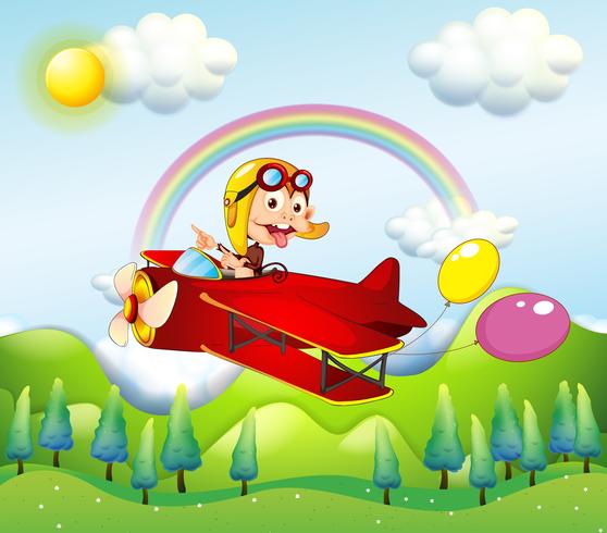 Un singe à cheval sur un avion rouge avec deux ballons vecteur