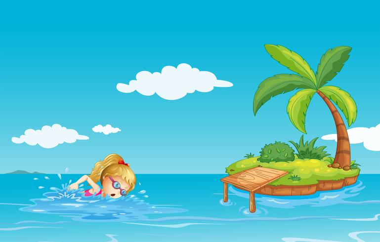 Une fille nageant près d&#39;une île avec un cocotier vecteur