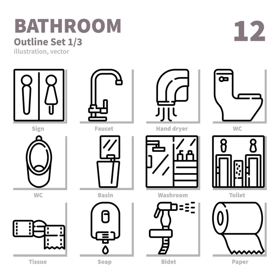 ensemble d'icônes de salle de bain, contour détaillé, vecteur et illustration ensemble 1