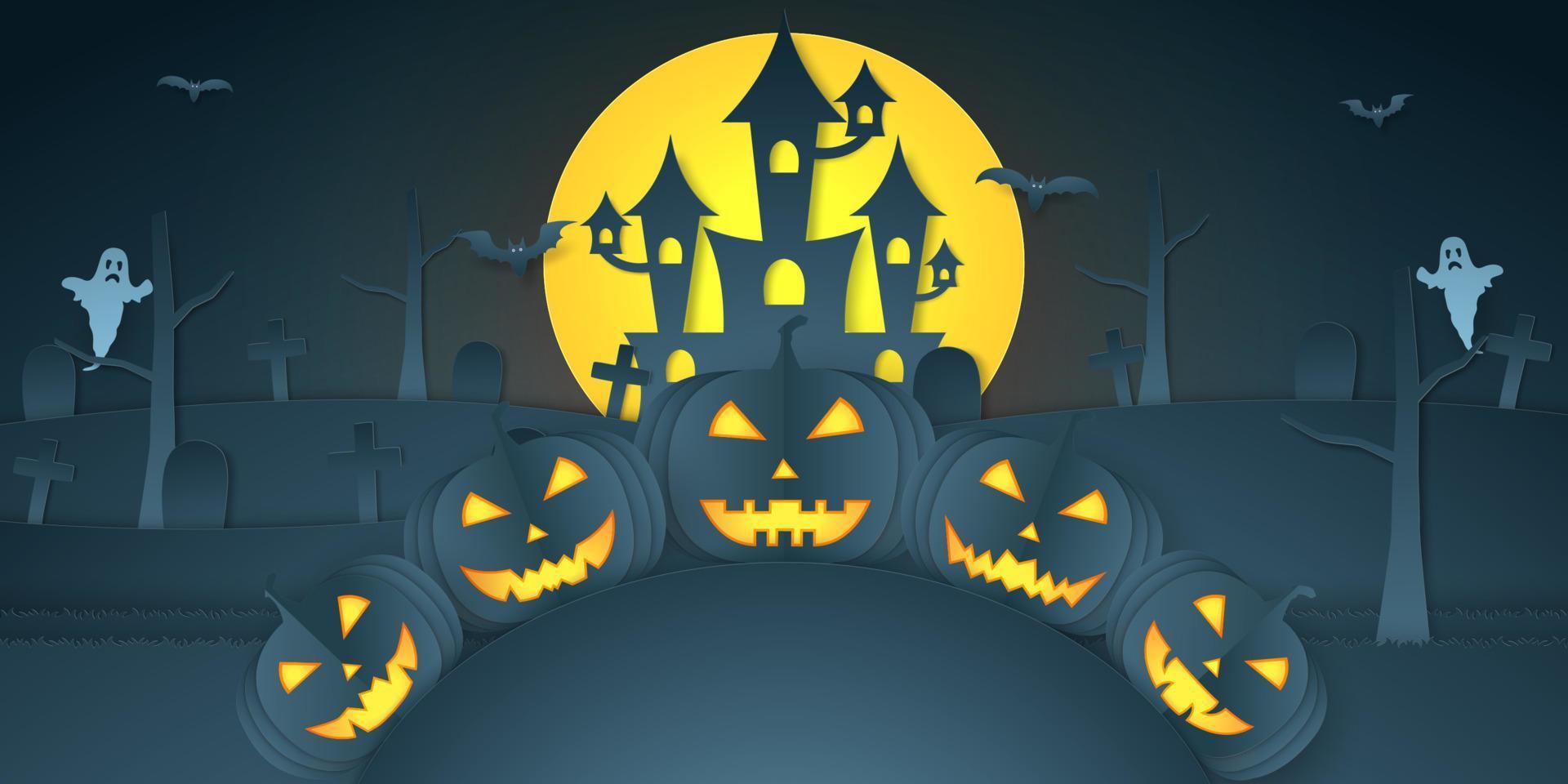 tête de citrouille d'halloween sur la colline avec château, cimetière, chauve-souris, fantôme et lune brillante, style art papier vecteur