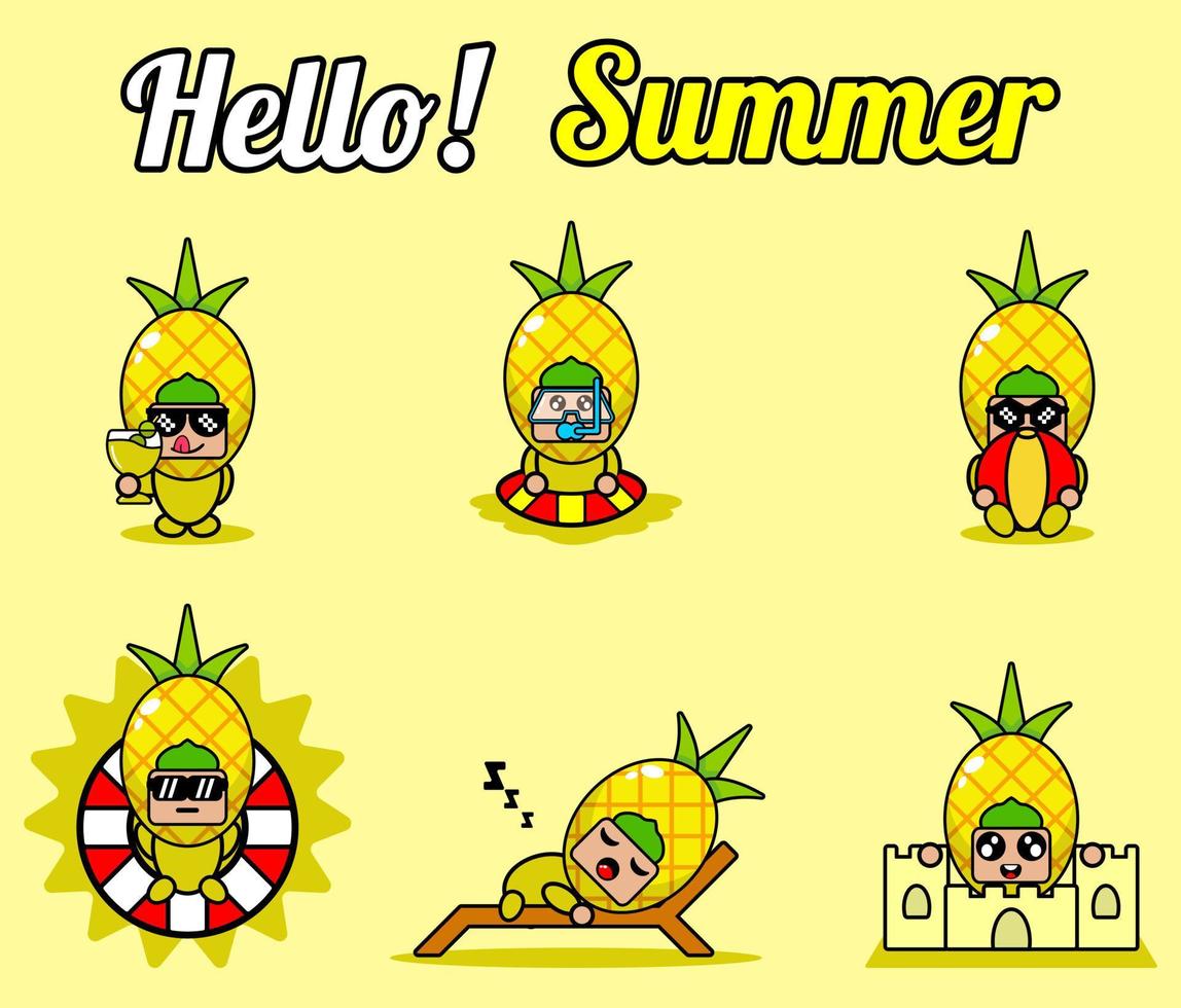 vecteur mignon dessin animé personnage ananas fruit mascotte ensemble de costumes collection bonjour été bundle