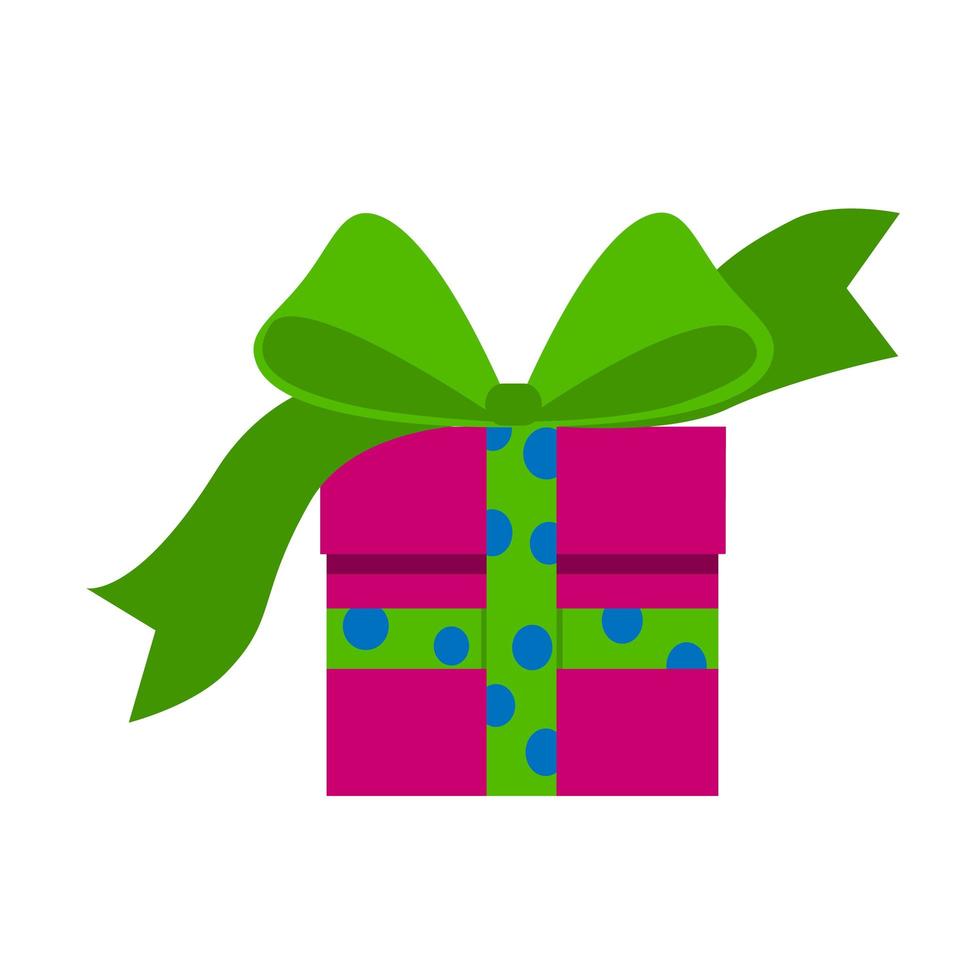 cadeau dans une boîte rose avec un ruban à pois vert. surprendre avec un bel arc. style plat. pour un logo, une bannière ou une carte postale. vecteur