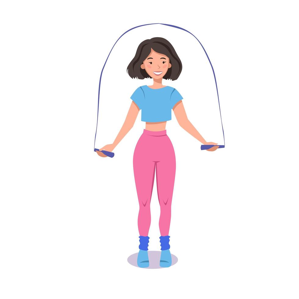 une fille tonique fait des exercices avec une corde à sauter en vêtements de sport. illustration vectorielle plane sur fond blanc isolé. image pour les centres sportifs et les bannières. vecteur