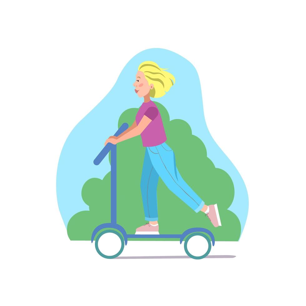 une fille fait du scooter dans le parc. illustration vectorielle sur fond blanc. vecteur