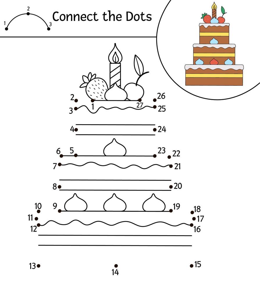 vecteur d'anniversaire point à point et activité de couleur avec un dessert mignon. fête de vacances reliez le jeu de points pour les enfants avec un gâteau et des bougies. coloriage amusant pour les enfants