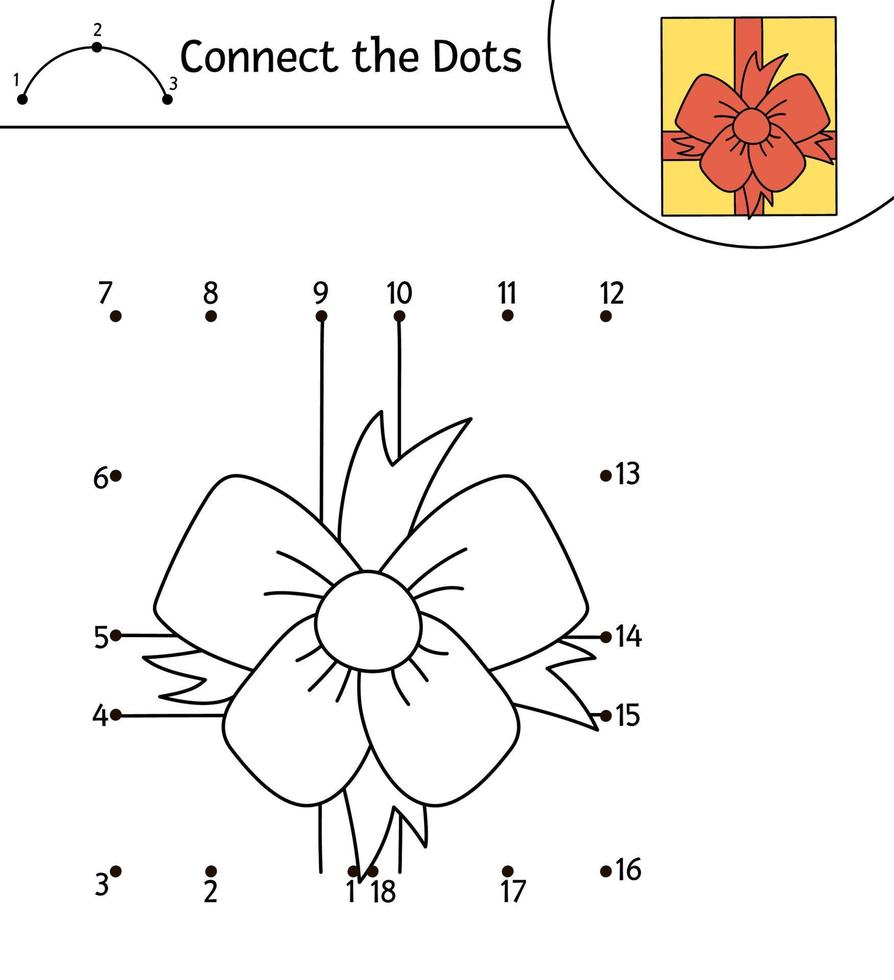 vecteur d'anniversaire point à point et activité de couleur avec joli cadeau. fête de vacances reliez le jeu de points pour les enfants avec boîte-cadeau et arc. coloriage amusant pour les enfants