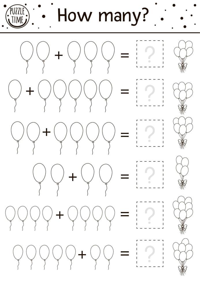 jeu de comptage d'anniversaire avec des ballons colorés. activité de vacances pour les enfants d'âge préscolaire. feuille de calcul imprimable de célébration éducative avec des éléments traditionnels pour les enfants vecteur