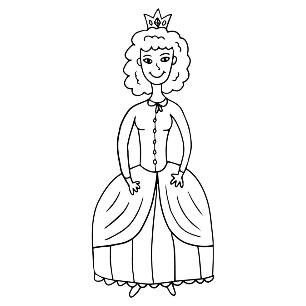 doodle princesse fée heureuse isolée sur fond blanc. belle robe historique. jeune femme avec couronne. vecteur