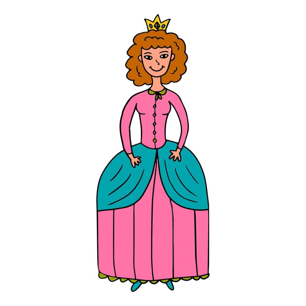 doodle princesse fée heureuse isolée sur fond blanc. belle robe historique. jeune femme avec couronne. vecteur
