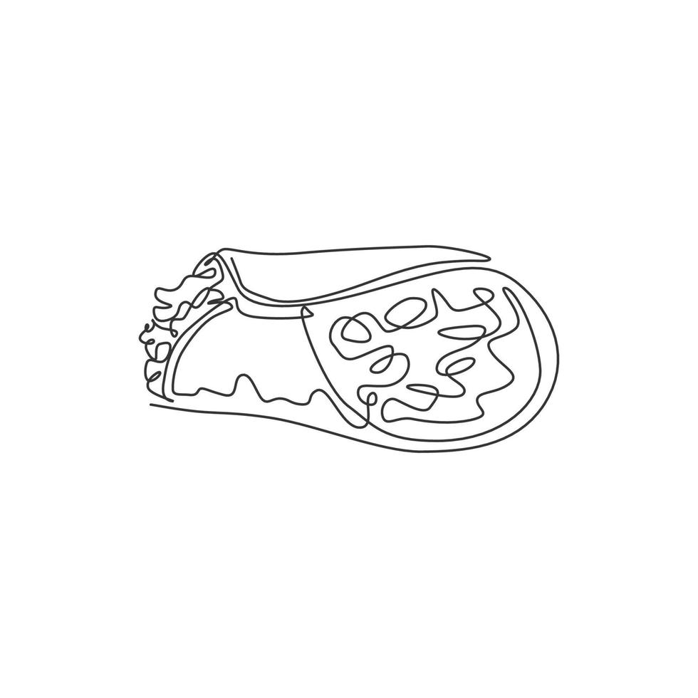 un seul dessin au trait d'illustration vectorielle de logo de burritos mexicains épicés frais et chauds. menu de café de cuisine traditionnelle et concept de badge de restaurant. logotype de nourriture de rue de conception de ligne continue moderne vecteur