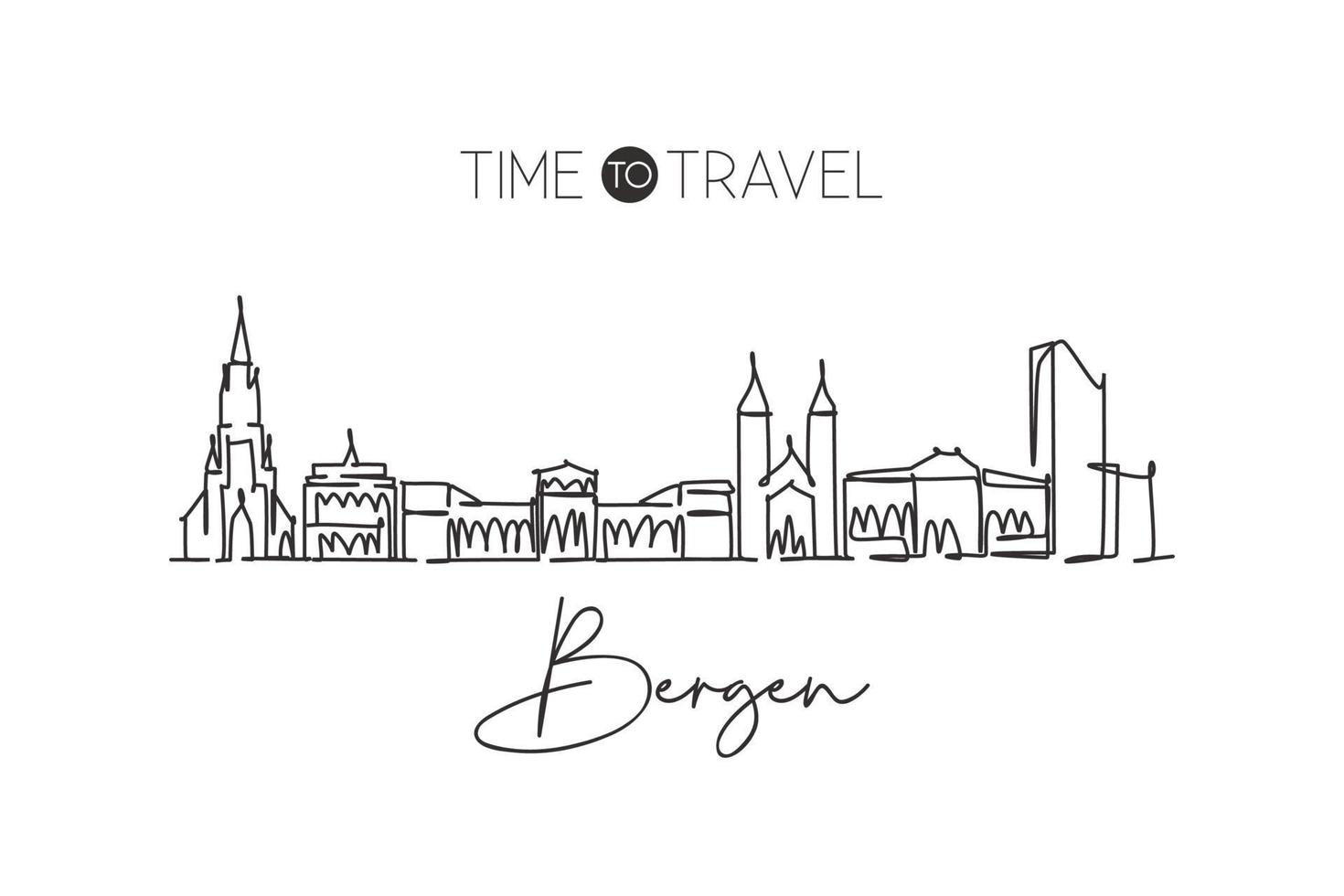 un seul dessin au trait des toits de la ville de bergen, norvège. monde ville paysage décor à la maison mur art affiche impression. meilleure destination de vacances. illustration vectorielle de dessin à la ligne continue à la mode vecteur