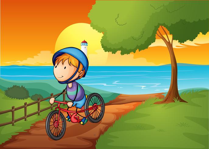 Un jeune garçon fait du vélo près de la rivière vecteur