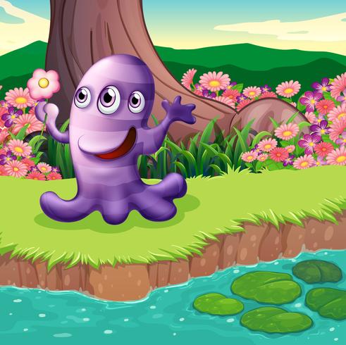Un monstre violet à trois yeux au bord de la rivière vecteur