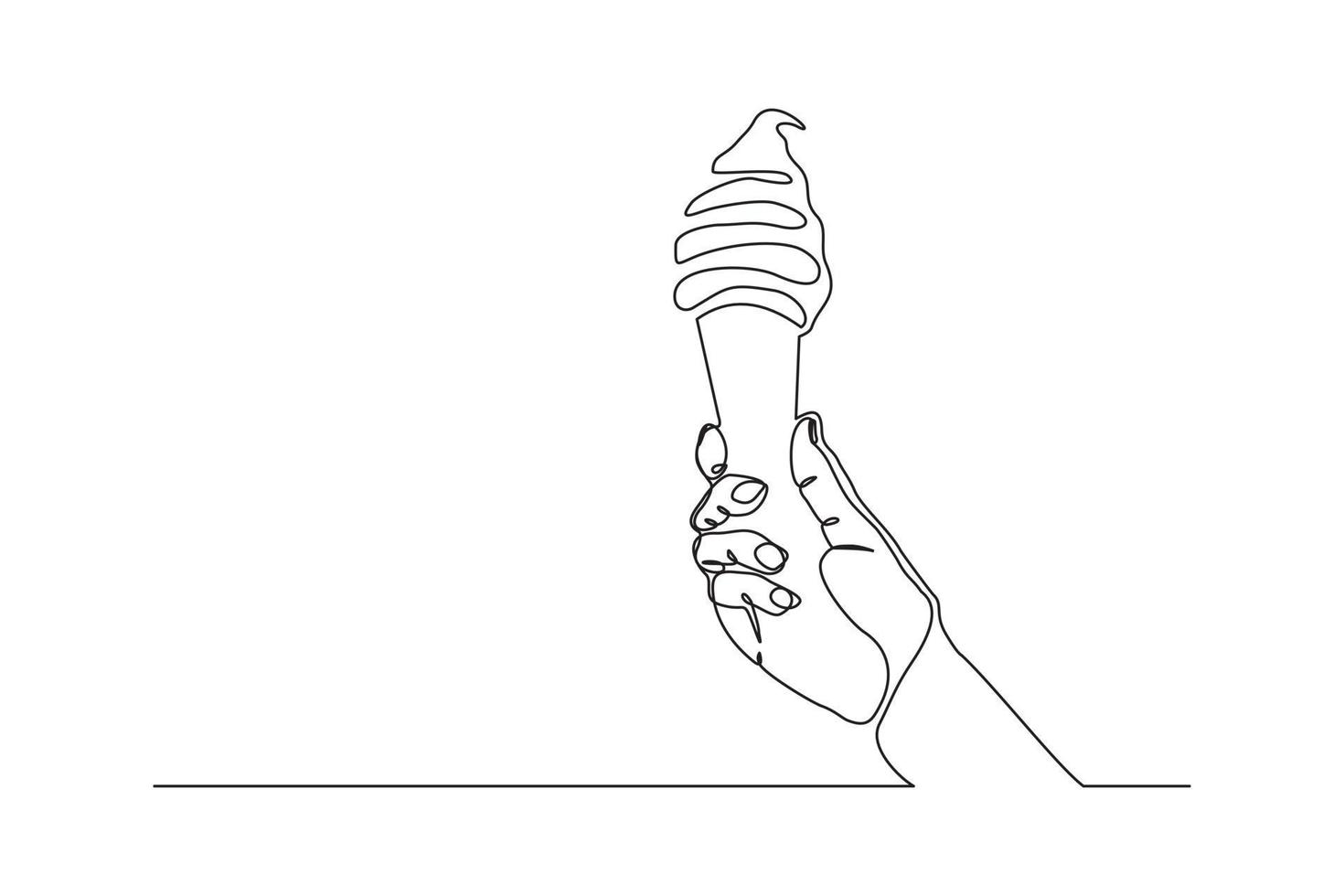 dessin au trait continu main tenant un délicieux cornet de crème glacée frais. dessin au trait unique de la main tenant le désert de crème glacée sucrée. illustration vectorielle vecteur