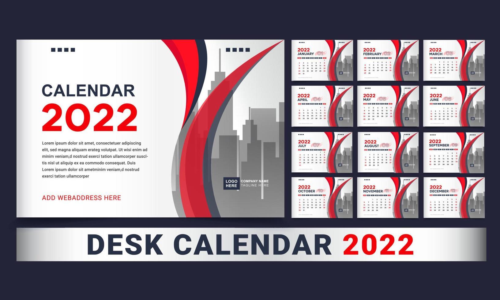 modèle de calendrier de bureau mensuel pour l'année 2022 vecteur