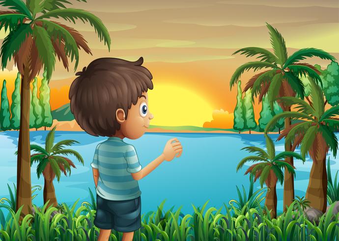 Un garçon regarde le coucher de soleil au bord de la rivière vecteur